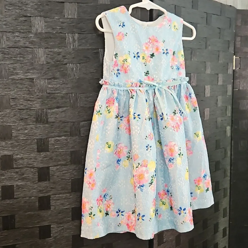 Blueberi Boulevard Blue Floral Lace Dress - Ribbon Bow - Size 3T - Back Cutout